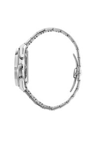 Zilveren roestvrijstalen horloge met een stevige, hoekige kast, twee drukknoppen en een gepolijst armband met rechthoekige schakels. Transparante wijzerplaat.