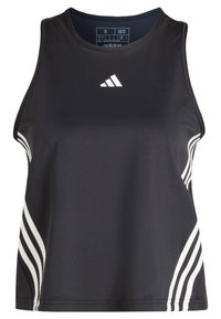 Czarny sportowy top na ramiączkach z białym wzorem w trzy paski wzdłuż boków, wykonany z gładkiego materiału, z okrągłym dekoltem i dopasowanym krojem.