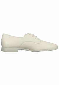 Weiße Leder-Schnürschuhe mit glatter Oberfläche, abgerundetem Zehenbereich und flacher Gummisohle. Minimalistisches Design mit schlichten Linien und ohne sichtbare Verzierungen.