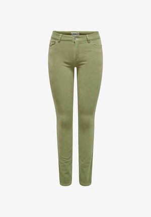 Tumman oliivinvihreät skinny-farkut, jotka on valmistettu puuvillasekoitekankaasta. Niissä on viisi taskua ja edessä nappikiinnitys metalliosilla.