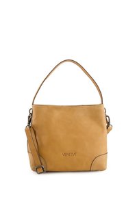 Tawny læderhåndtaske med en glat overflade, der har et enkelt topgreb og en justerbar crossbody-strop. Diskret branding på forsiden.
