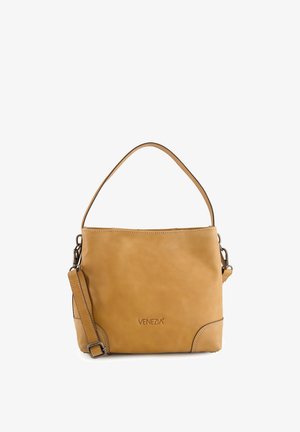 Braune Lederhandtasche mit glatter Textur, ausgestattet mit einem einzelnen oberen Griff und einem verstellbaren Umhängegurt. Dezente Markenkennzeichnung auf der Vorderseite.