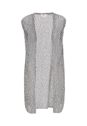 Gebreide cardigan in zwart en wit, met een ontwerp zonder sluitingen en een open voorkant, van een zachte, lichte textuur. Het heeft een losse pasvorm.