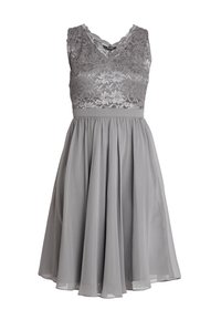 Robe grise avec corsage en dentelle, conception sans manches et jupe en chiffon plissée. Présente une taille cintrée et un décolleté festonné.