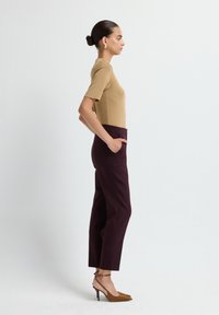 Un haut à manches courtes tan associé à un pantalon ajusté bordeaux. Le look est complété par des chaussures à talons hauts marron et des accessoires d'oreilles discrets.