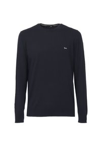Maglione a maniche lunghe blu navy realizzato in tessuto morbido. Presenta un collo tondo e un piccolo logo sul lato sinistro del petto. Design semplice e uniforme.
