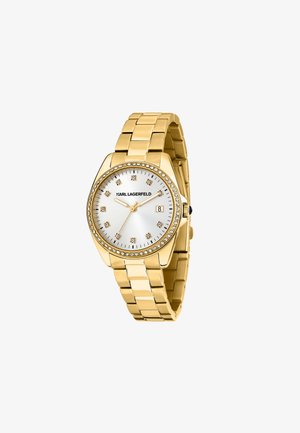 Goldfarbener Edelstahluhren mit rundem Gehäuse, weißem Zifferblatt, Kristallakzenten und Datumsanzeige. Verfügt über ein Armband im Gliederdesign.