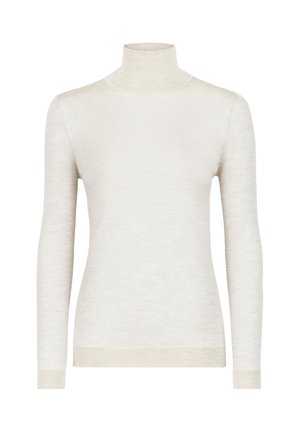 Ljust beige polokrage tröja gjord av mjukt stickat material. Har långa ärmar och en åtsittande design, med ribbade mudd och fåll.