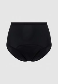 Zwarte high-waisted onderbroek van gladde stof, met een naadloos design, elastische tailleband en een subtiele mesh-paneel aan de zijkanten.