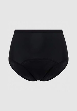 Schwarze hochgeschnittene Unterwäsche aus glattem Stoff, mit nahtlosem Design, elastischem Bund und subtilen Netzpaneelen an den Seiten.