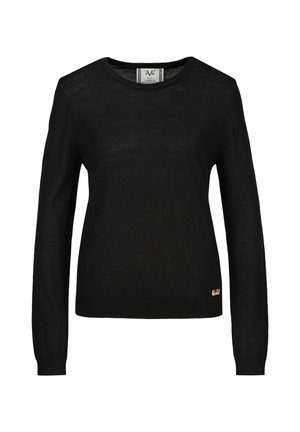 Pull noir à manches longues avec col rond et petit logo doré près de l'ourlet inférieur sur fond blanc.