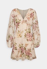 Vestido floral en beige claro con estampados de flores en rosa y verde, escote en V, mangas abullonadas y dobladillo acampanado. Tejido suave y semitransparente.