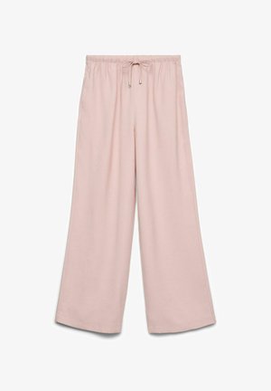 Pantalon large couleur rose clair avec taille élastique et cordon de serrage, doté de poches latérales et d'une coupe décontractée.