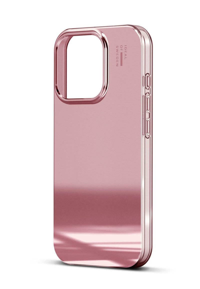 Roségull telefondeksel med et slankt rektangulært design, glatt blank overflate, utsparing for kamera og sideknapper for volum og strøm.