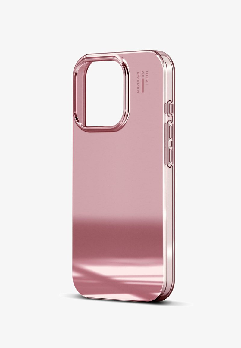 Roségull telefondeksel med et slankt rektangulært design, glatt blank overflate, utsparing for kamera og sideknapper for volum og strøm.