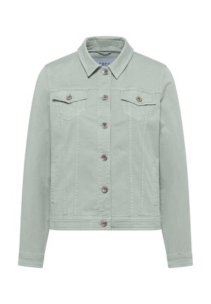 Veste en denim vert clair à boutons, manches longues, deux poches poitrine avec rabats et poches latérales fendue.