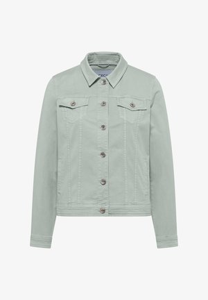 Veste en denim vert clair à boutons, manches longues, deux poches poitrine avec rabats et poches latérales fendue.