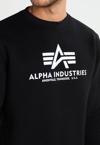 Crna dukserica od pamuka s bijelim logotipom koji sadrži slovo A i tri horizontalne linije. Natpis glasi "ALPHA INDUSTRIES" i mjesto.