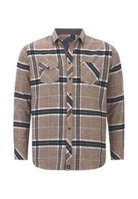 Braun karierte Hemd mit zwei Brusttaschen, schwarzen Knöpfen und einem kontrastierenden Innenkragen. Hergestellt aus weichem Stoff, mit horizontalen und vertikalen Streifen.