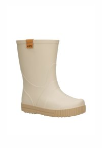 Botte en caoutchouc beige étanche avec une semelle texturée marron, un bout rond lisse et une boucle en cuir près du haut pour faciliter l'enfilage.