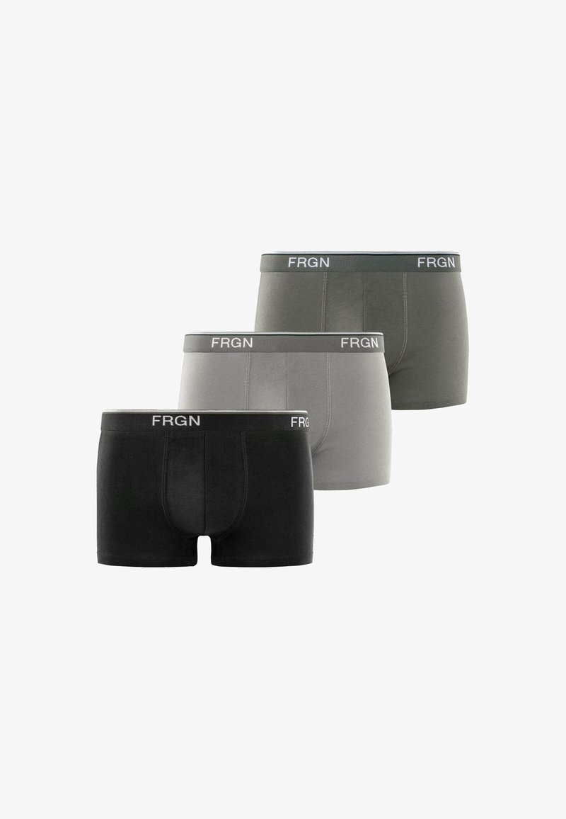 Ensemble de boxers pour hommes en noir, gris et vert olive. Chacun est doté d'un tissu doux, d'une taille élastique avec le logo "FRGN", et d'une coupe ajustée.