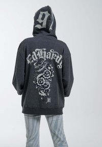 Charcoal gray hoodie with a dragon and rose graphic on the back, featuring a drawstring hood and large logo print in white.