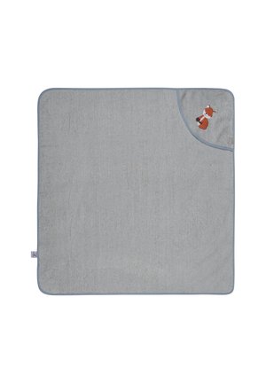 Cotton baby blanket in light blue with vertical stripes. Features a corner accent of an embroidered fox design. Soft texture and rounded edges.