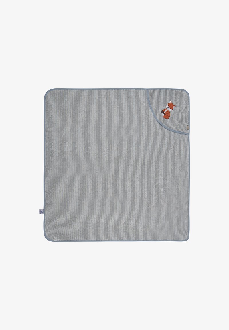Cotton baby blanket in light blue with vertical stripes. Features a corner accent of an embroidered fox design. Soft texture and rounded edges.