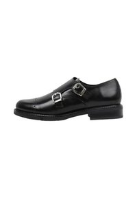 Zapato de hebilla monk de cuero negro con dos hebillas plateadas, punta redondeada, perforaciones sutiles y un tacón bajo apilado. Textura suave.