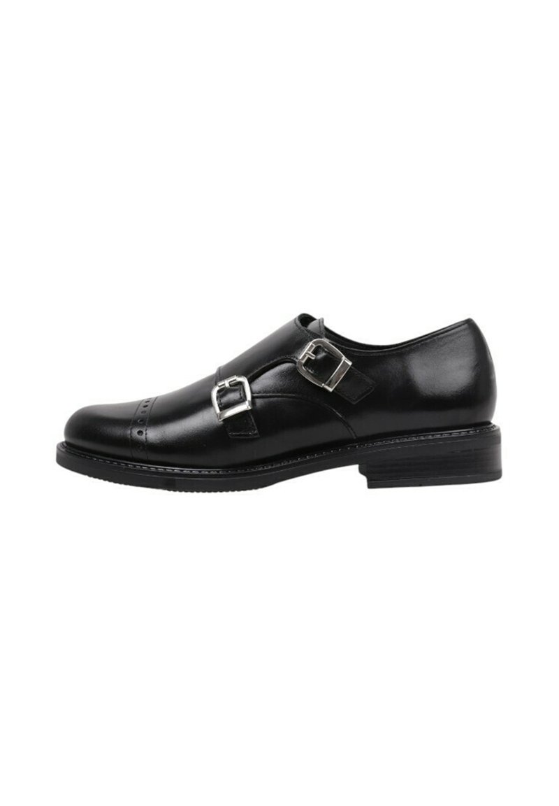 Zapato de hebilla monk de cuero negro con dos hebillas plateadas, punta redondeada, perforaciones sutiles y un tacón bajo apilado. Textura suave.