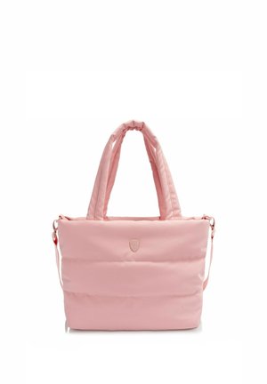 Borsa tote morbida imbottita rosa chiaro con doppie maniglie e tracolla staccabile, con piccolo logo in rilievo sul davanti.