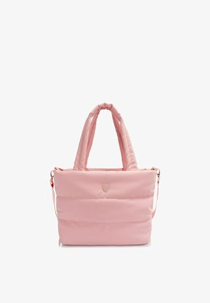 Borsa tote morbida imbottita rosa chiaro con doppie maniglie e tracolla staccabile, con piccolo logo in rilievo sul davanti.