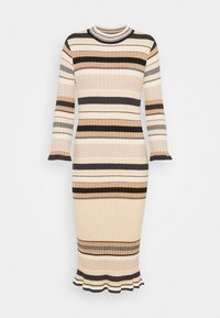 Abito in maglia con maniche lunghe, caratterizzato da righe orizzontali in beige, marrone e colori scuri. Silhouette aderente con fondo svasato.