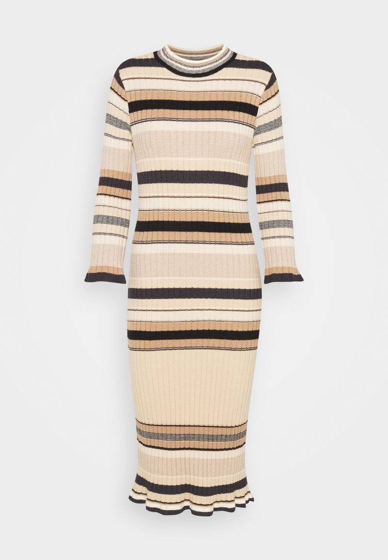 Abito in maglia con maniche lunghe, caratterizzato da righe orizzontali in beige, marrone e colori scuri. Silhouette aderente con fondo svasato.