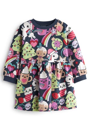 Vestido de manga larga con fondo azul marino y coloridos patrones de dibujos animados de unicornios, helados, corazones y árboles festivos. Tela suave.