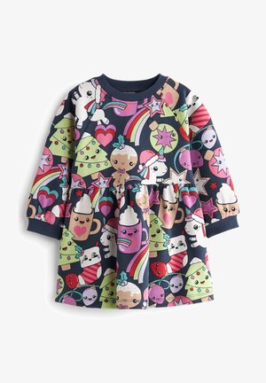 Robe à manches longues avec un fond bleu marine orné de motifs colorés de dessins animés comprenant des licornes, des glaces, des cœurs et des sapins festifs. Tissu doux.