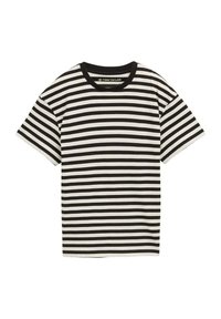 Zwart-wit gestreepte T-shirt met korte mouwen en een ronde hals. Zachte stof textuur, casual ontwerp en contrasterende kraagaccenten.