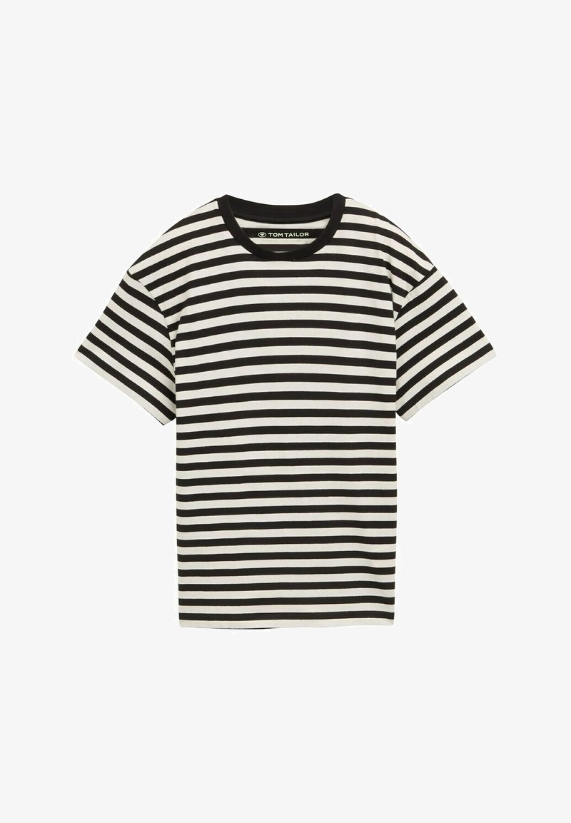 Zwart-wit gestreepte T-shirt met korte mouwen en een ronde hals. Zachte stof textuur, casual ontwerp en contrasterende kraagaccenten.