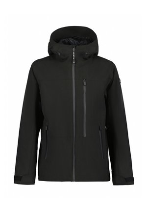 Sort vandtæt jakke med hætte, der har fuld frontlynlås, to sidelommer og en brystlomme med lynlåslukning. Blød tekstur.
