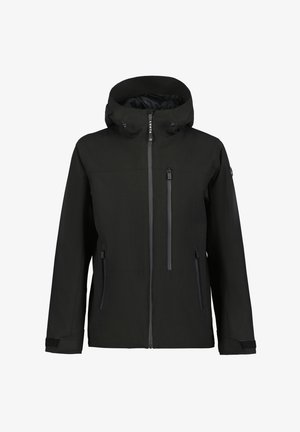 Sort vandtæt jakke med hætte, der har fuld frontlynlås, to sidelommer og en brystlomme med lynlåslukning. Blød tekstur.
