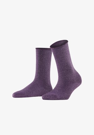 Purple socks with a textured finish, featuring a mid-calf design and a smooth, elastic cuff for a snug fit.