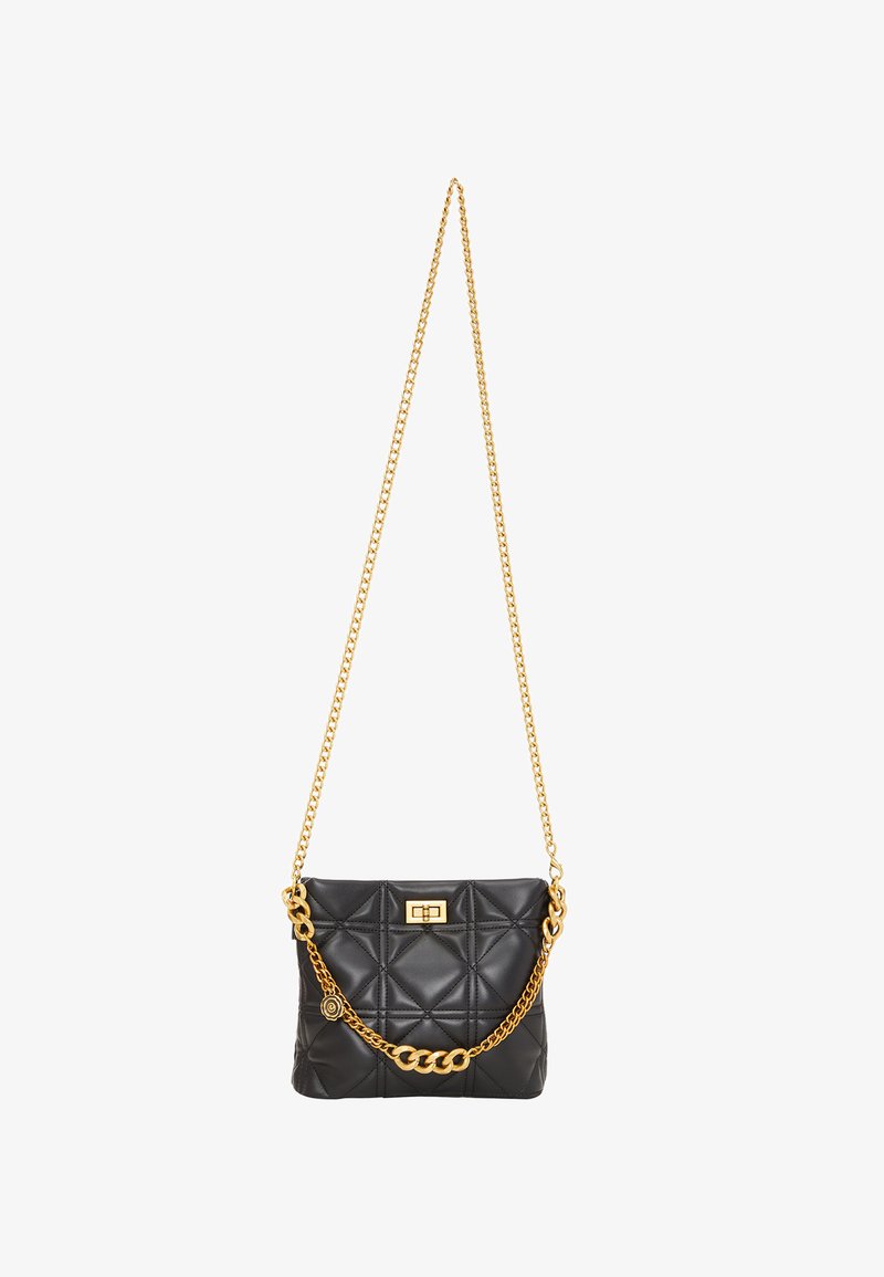 Black quilted leather handbag with a gold chain strap and a clasp closure. Features a geometric pattern and a decorative charm attached.