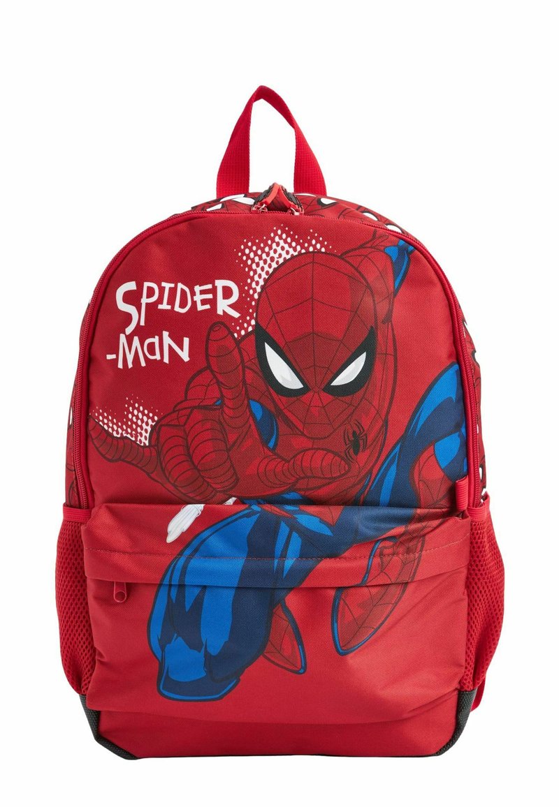 Roter Rucksack mit einem Spider-Man-Design. Aus Stoff mit strapazierfähiger Oberfläche. Er hat einen oberen Tragegriff und eine vordere Reißverschlusstasche.