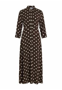 Vestido marrón con lunares, con cuello, botones en la parte frontal y mangas de tres cuartos. Hecho de tela suave con un diseño fluido.