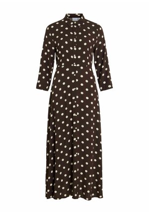 Braunes Polka-Dot-Kleid mit Kragen, durchgehender Knopfleiste und dreiviertellangen Ärmeln. Hergestellt aus weichem Stoff mit einem fließenden Design.