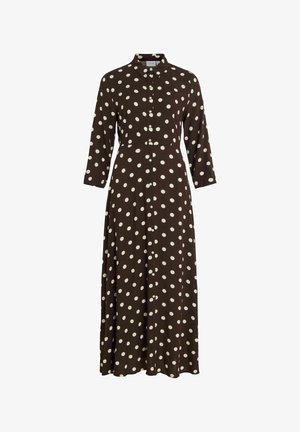 Braunes Polka-Dot-Kleid mit Kragen, durchgehender Knopfleiste und dreiviertellangen Ärmeln. Hergestellt aus weichem Stoff mit einem fließenden Design.