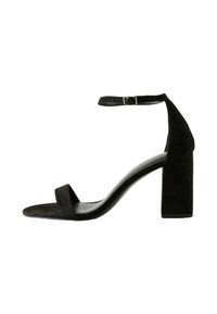 Sandale cu toc înalt din suede negru, cu curea la gleznă, vârf pătrat și toc robust. Are un finisaj neted și un design minimalist.