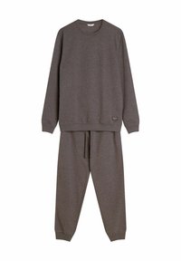 Szary zestaw składający się z dresu i spodni dresowych wykonany z miękkiego materiału. Bluza ma długie rękawy i okrągły dekolt; spodnie mają elastyczny pas ze sznurkiem.