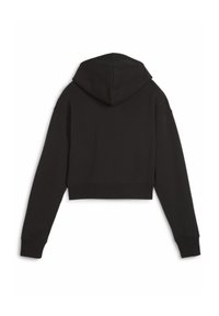 Felpa nera corta realizzata in tessuto morbido. Presenta un cappuccio con coulisse, maniche lunghe e polsini e orlo a costine. Tessuto liscio e privo di decorazioni.