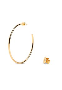 Orecchino a cerchio in oro con una forma circolare liscia e un profilo sottile, accompagnato da una chiusura coordinata. Design minimalista con finitura lucida.